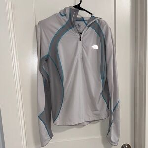 Gray and Blue North Face Hooded Pullover
